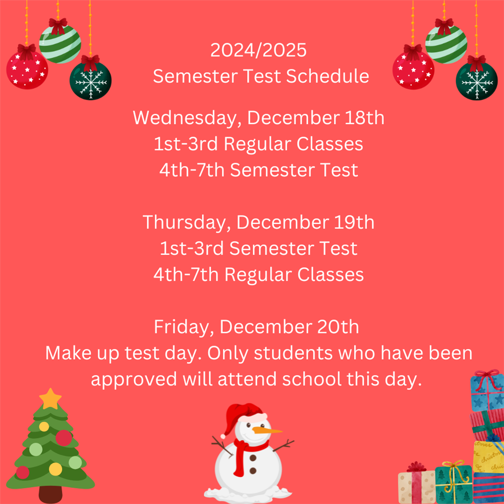  VMS Semester Test Schedule 